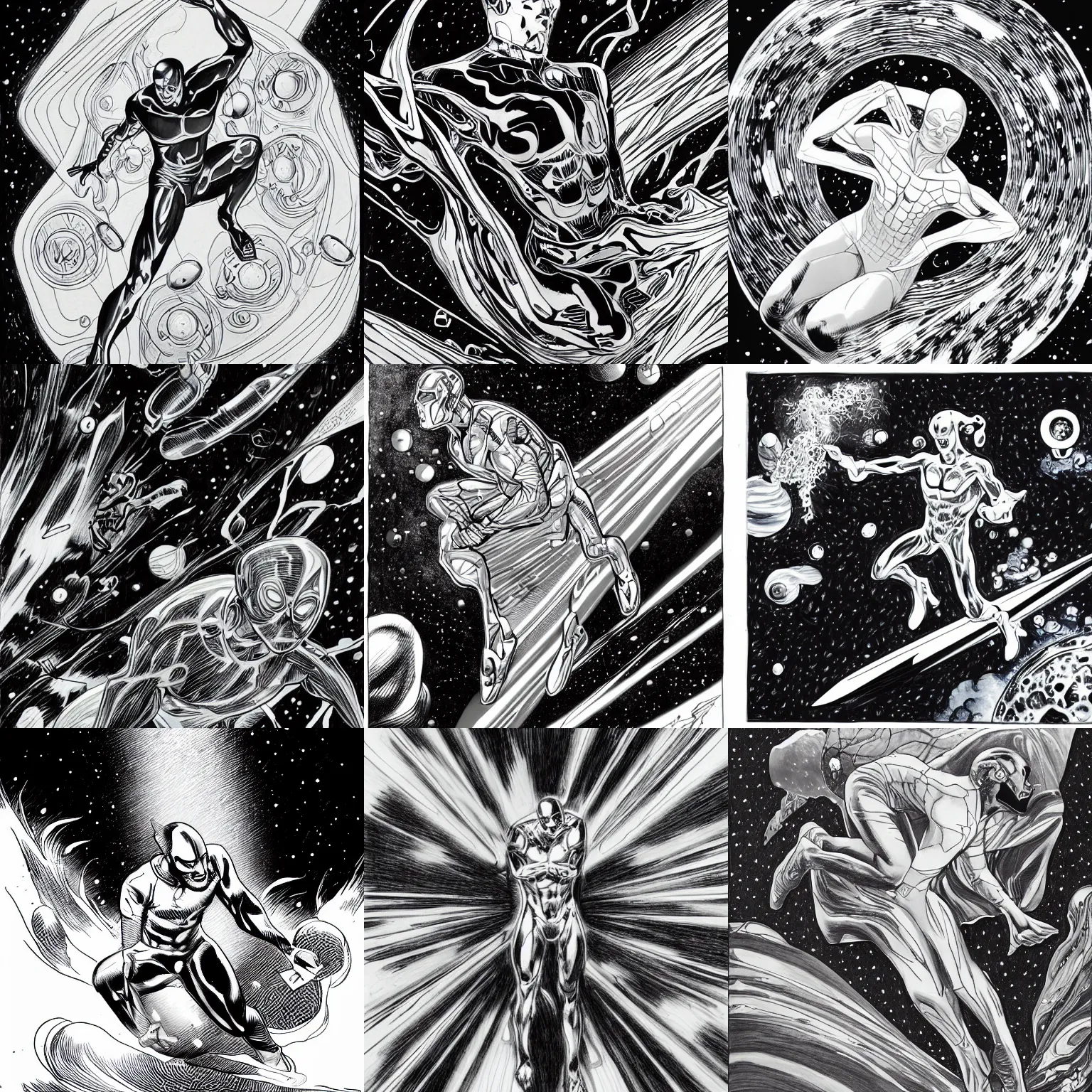 Prompt: silver surfer in space, by james jean, black and white, pencil drawing,