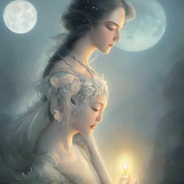 Image similar to ! dream a beautiful digital painting of a princess, princess, the moon behind her, intricate, cinematic lighting, highly detailed, digital painting, concept art, smooth, sharp focus, illustration, art by tom bagshaw, artgerm and greg rutkowski