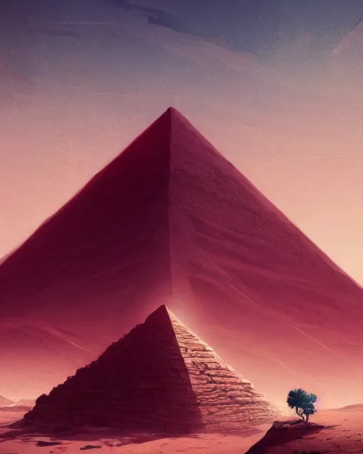 Prompt: A single pyramid in the desert, Dark red sun, fantasy art, in the style of greg rutkowski, illustration, epic, fantasy, intricate, hyper detailed, artstation, concept art, smooth, sharp focus, ray tracing, vibrant