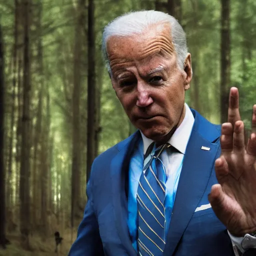 Prompt: joe biden as the silence from doctor who in forest, creepy joe biden, tall trees, night, creepy, horror, movie still, dark, haunted, cinematic lighting, ray tracing, octane render, long lens, shallow depth of field, bokeh, anamorphic lens flare, 8 k, hyper detailed, 3 5 mm film grain