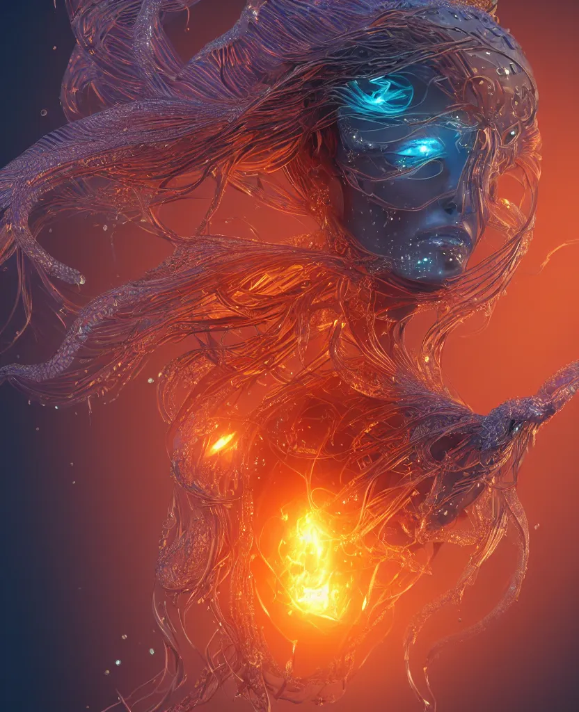 Image similar to close-up macro portrait of the face of a beautiful princess, epic angle and pose, symmetrical artwork, 3d with depth of field, blurred background, cybernetic jellyfish female face skull phoenix bird, translucent, nautilus, energy flows of water and fire. a highly detailed epic cinematic concept art CG render. made in Maya, Blender and Photoshop, octane render, excellent composition, cinematic dystopian brutalist atmosphere, dynamic dramatic cinematic lighting, aesthetic, very inspirational, arthouse. y Greg Rutkowski, Ilya Kuvshinov, WLOP, Stanley Artgerm Lau, Ruan Jia and Fenghua Zhong