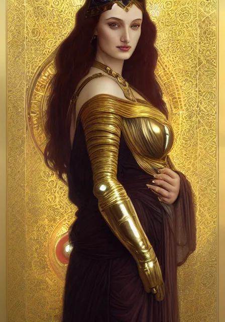 Image similar to sansa angeline jolie gessica chastain mummy cleopatra gold, intricate, elegant, highly detailed, digital painting, artstation, concept art, smooth, sharp focus, illustration, art by artgerm and greg rutkowski and alphonse mucha and william - adolphe bouguereau