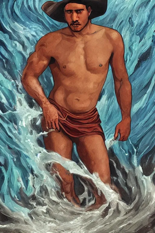 Prompt: a dramatic, epic tarot card painting of a handsome brown shirtless cowboy | background is a torrential flooding river | tarot card, art deco, art nouveau | by Mark Maggiori | trending on artstation