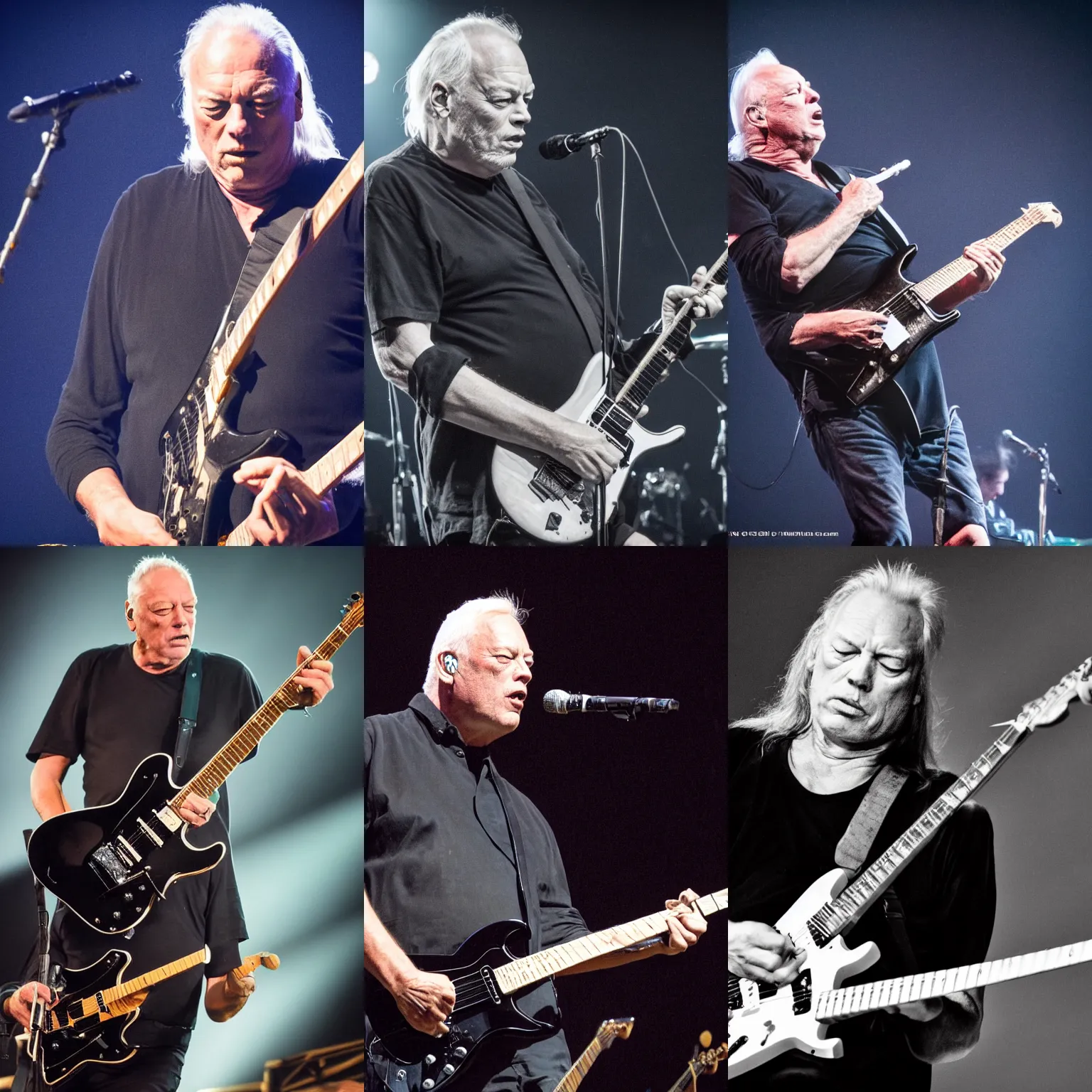Prompt: David Gilmour playing a Flying V Jackson, live concert photography, 4k, high quality,