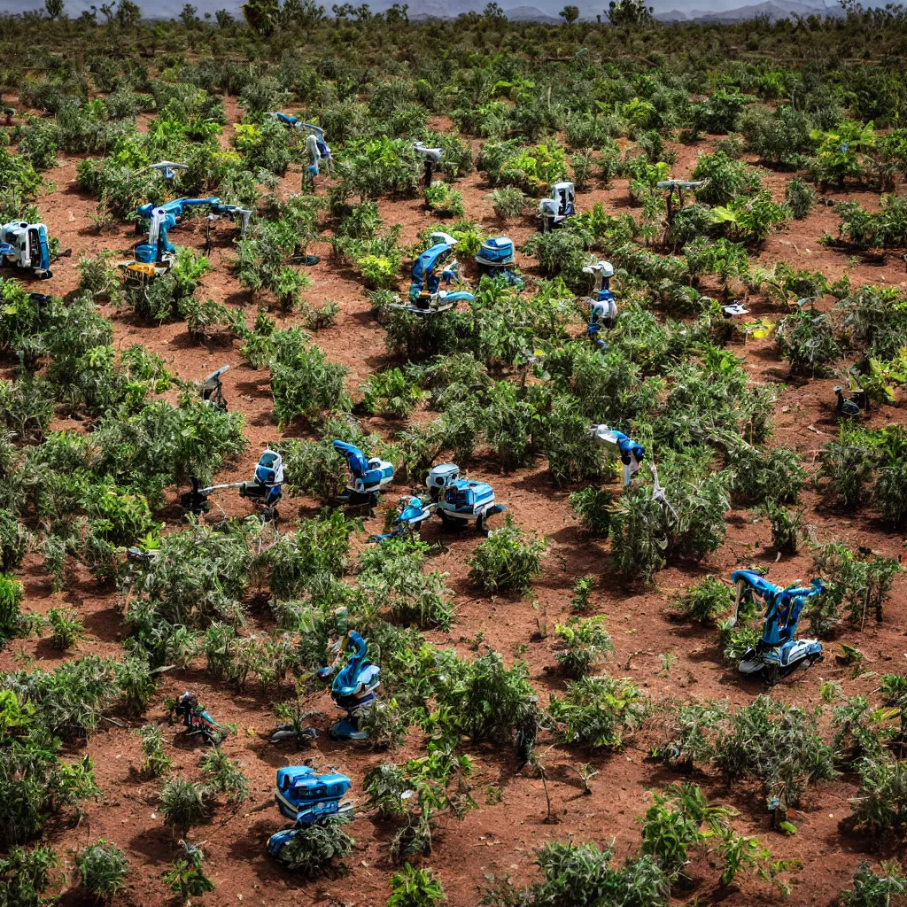 Prompt: robots harvesting a permaculture jungle in the desert, XF IQ4, 150MP, 50mm, F1.4, ISO 200, 1/160s, natural light