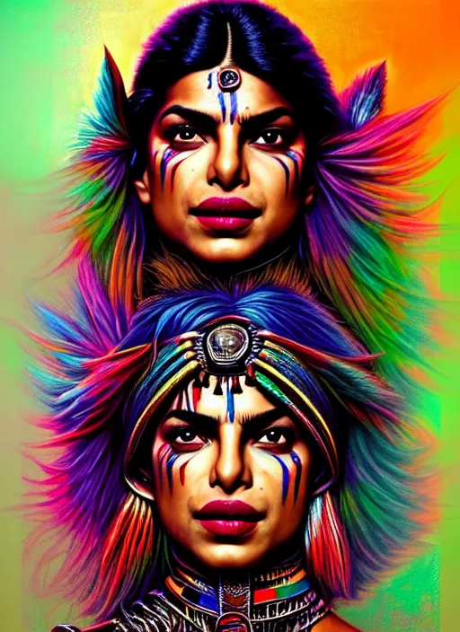 Image similar to portrait of priyanka chopra, hyper detailed ultra sharp aztec shaman warrior. trending on artstation, warpaint aesthetic, bloodwave, colorful, psychedelic, ornate, intricate, digital painting, concept art, smooth, sharp focus, illustration, art by artgerm and greg rutkowski and h. r. giger, 8 k