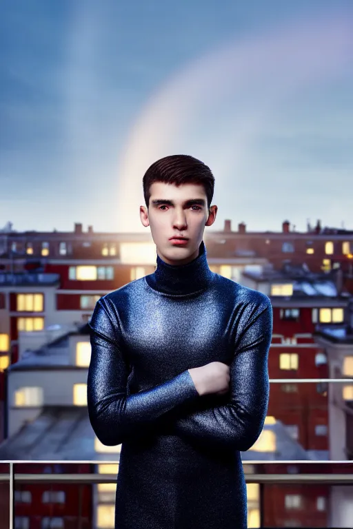 Image similar to un ultra high definition studio quality photographic art portrait of a young man standing on the rooftop of a british apartment building wearing soft padded silver pearlescent clothing. three point light. extremely detailed. golden ratio, ray tracing, volumetric light, shallow depth of field. set dressed.