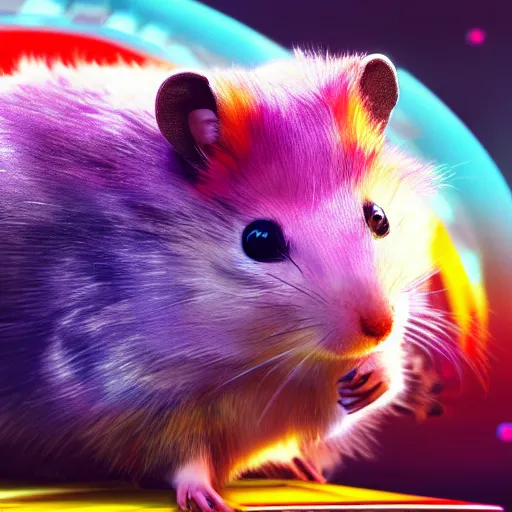 Prompt: hamster with rainbow fur in the style of cyberpunk 2 0 7 7, 8 k, hd, light reflection