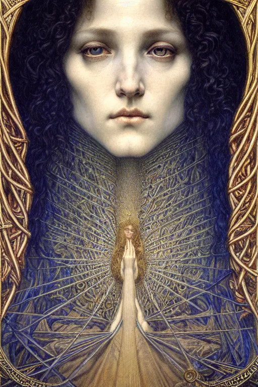 Image similar to detailed realistic beautiful young medieval queen face portrait by jean delville, gustave dore and marco mazzoni, art nouveau, symbolist, visionary, gothic, pre - raphaelite. horizontal symmetry