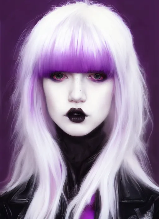 Image similar to portrait of white teenage girl, normal face, white bangs, mall goth, cyberlox, black and white hair, bangs, fluffy bangs, red contact lenses, purple lipstick, intricate, elegant, highly detailed, digital painting, artstation, concept art, sharp focus, smooth, illustration, art by wlop, mars ravelo and greg rutkowski