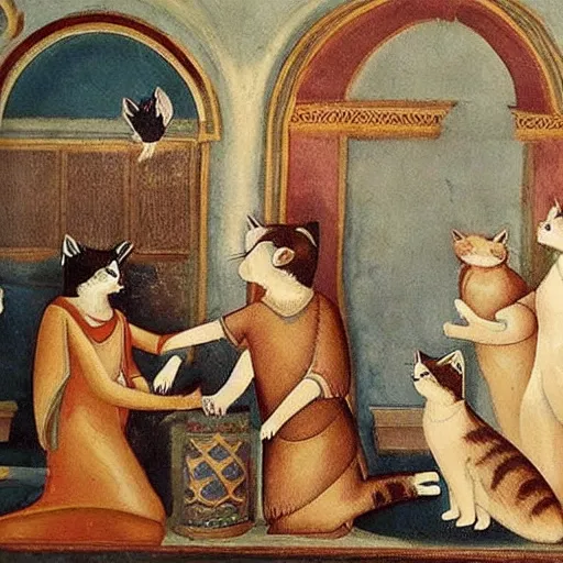 Prompt: cats being worshipped, fresco painting