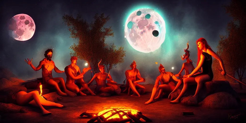 Image similar to venus infused scene at bifrost!!!!!! mythical beasts of sitting around a fire under a full moon at bifrost, surreal dark uncanny painting by ronny khalil