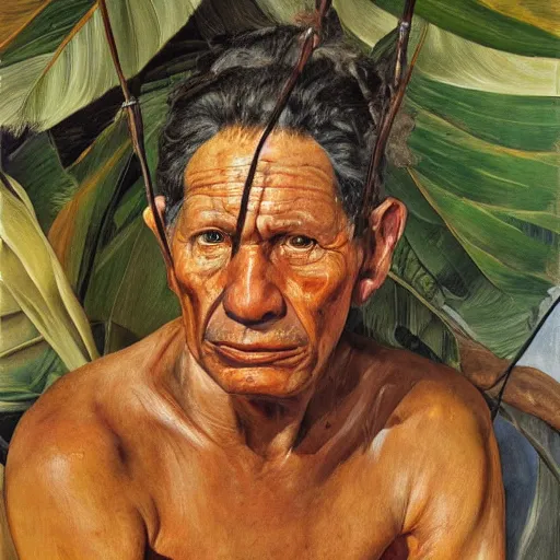 Prompt: high quality high detail painting by lucian freud, hd, portrait of a amazonian tribe leader, photorealistic lighting