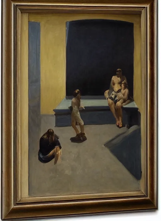 Prompt: a teratomaon a plinth in the middle of a museum room full of people painted by hopper and goya