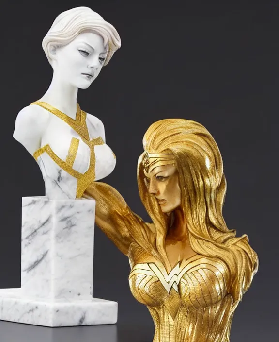 Image similar to a white art nouveau marble and gold sculptural bust of emma stone as wonder woman, wearing a superhero outfit, delicate, intricate, smooth, beautiful, by charles van der stappen