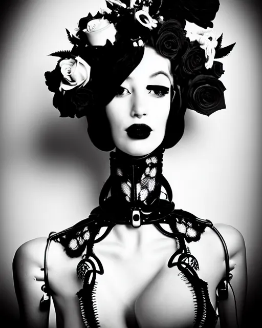 Image similar to dreamy surreal poetic black and white photo of a beautiful young bio-mechanical-female-cyborg-plastic-robot with a very long neck and a super big gothic lace collar and a very high big floral crown with many black dry roses by Vivienne Westwood:: smoke, high fashion, haute couture, rococo, avant-garde, elegant, dreamy, hyper realistic, 150 mm lens, soft rim light, octane render, unreal engine, picture was taken in 1910 by Dora Maar, volumetric lighting, dramatic light,8k,