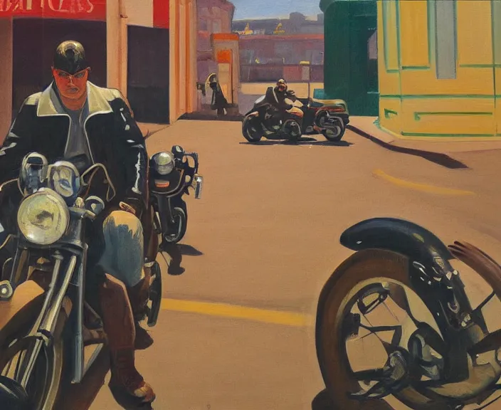 Prompt: a very detailed painting of a man wearing a leather jacket, riding a motorbike, harley davidson motorbike, worm's - eye view, very fine brush strokes, in the style of edward hopper and grant wood and syd mead, 4 k,