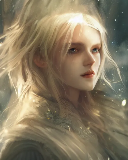 Image similar to cinematic side portrait blonde girl, adventurer outfit large cloak, fantasy forest landscape, dragon scales in hair, fantasy magic, long wavy blonde hair, dark light night, intricate, sharp focus, lens flare, bloom, rim light, illustration, highly detailed, digital painting, concept art, matte, art by ruan jia