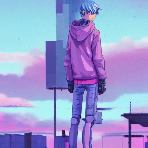 Image similar to android mechanical cyborg anime guy overlooking overcrowded urban dystopia sitting. Pastel pink clouds baby blue sky. Gigantic future city. Raining. Makoto Shinkai. Wide angle. Distant shot. Purple sunset. Sunset ocean reflection. Pink hair. Pink and white hoodie. Cyberpunk. featured on artstation. robotic wired knee. Wearing a sweater.-S 1216826879