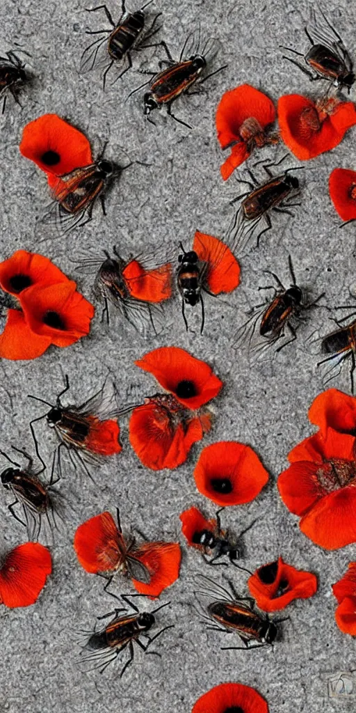 Prompt: flies sleeping in dried poppies catalogue diagram scientific photography