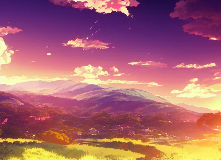 Prompt: illustration of green hills with clouds in the background, golden hour sunset, purple beautiful sky, cute anime girl with platinum blonde hair and big eyes, close to foreground, anime key visual, official media, illustrated by wlop, extremely detailed, 8 k, trending on pixiv, cinematic lighting, beautiful