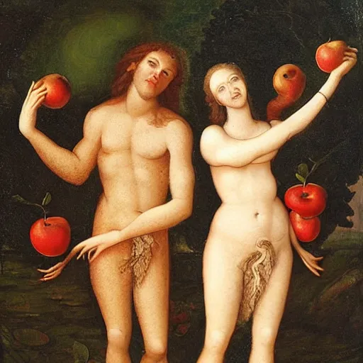 Prompt: adam and eve with apples on their hands