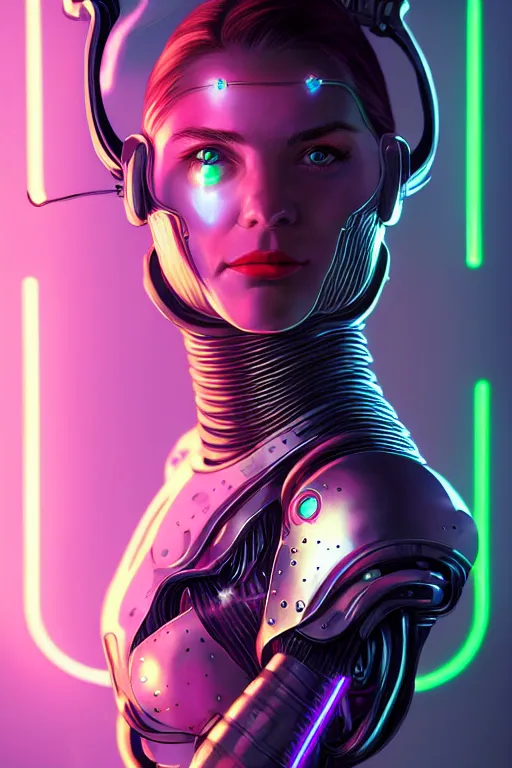 Prompt: portrait of a cyborg girl with a ribbed biomechanic armor and neon light, illustrated by Michael Whelan , digital painting, highly detailed, trending on artstation