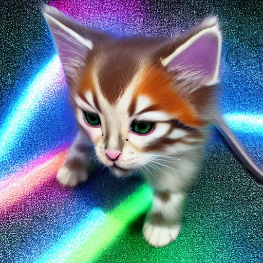 Image similar to full body pose, hyperrealistic photograph of a magic rainbow kitten, dim volumetric lighting, 8 k, octane beautifully detailed render, extremely hyper detailed, intricate, epic composition, cinematic lighting, masterpiece, trending on artstation, very very detailed, stunning, hdr, smooth, sharp focus, high resolution, award, winning photo, dslr, 5 0 mm