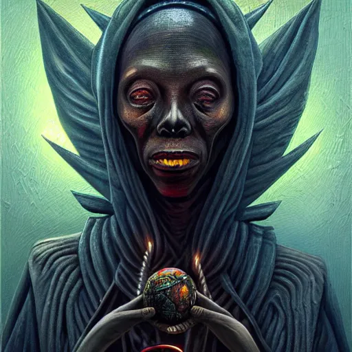 Image similar to a death tarot featuring an african shaman in a cyberpunk voodoo style by anton semenov and android jones, oil on canvas