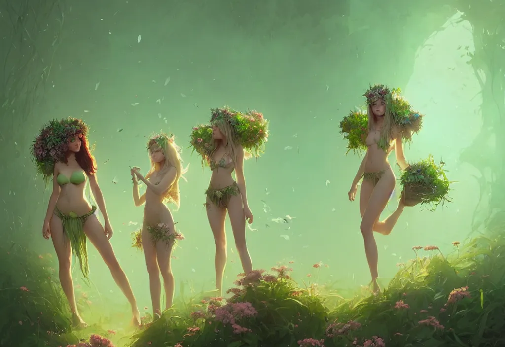 Image similar to two beautiful fairy women with crown of flowers in plants bikini, fantasy, by atey ghailan, by greg rutkowski, by greg tocchini, by james gilleard, by joe gb fenton, dynamic lighting, gradient light green, brown, blonde cream and white color in scheme, grunge aesthetic