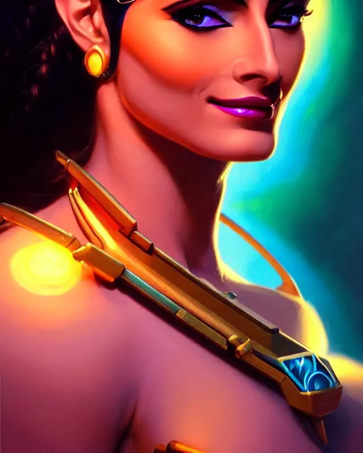 Image similar to symmetra from overwatch, bust, fantasy, fantasy art, fantasy, colorful, elegant, character portrait, portrait, close up, highly detailed, intricate detail, amazing detail, sharp focus, vintage fantasy art, vintage sci - fi art, radiant light, caustics, by boris vallejo