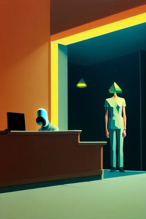 Prompt: the trashcan is actually a person wearing oculus and digital glitch head edward hopper and james gilleard zdzislaw beksisnski higly detailed