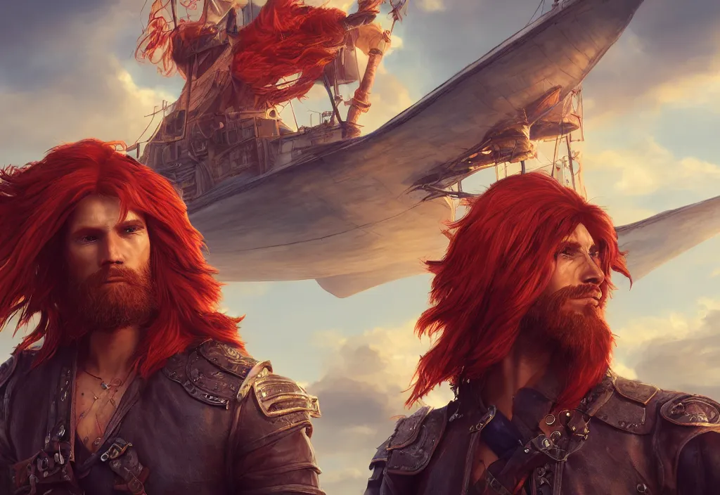 Image similar to character sheet : an epic fantasy comic book style portrait painting of a long haired, red headed male sky - pirate in front of an airship, unreal 5, daz, hyperrealistic, octane render, cosplay, rpg portrait, dynamic lighting