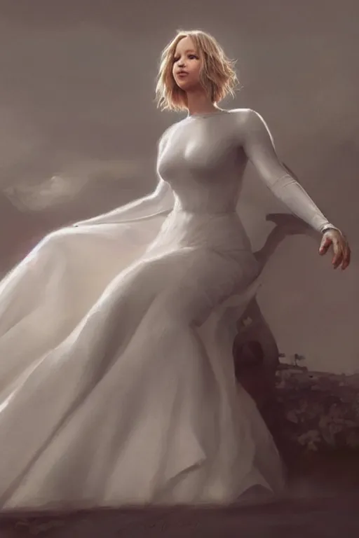 Image similar to Jennifer Lawrence as Queen wearing a White Dress, anatomy, only two hands, highly detailed, digital painting, artstation, concept art, smooth, sharp focus, illustration, Unreal Engine 5, 8K, art by art by artgerm and greg rutkowski and edgar maxence