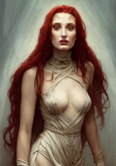 Image similar to sansa angeline jolie gessica chastain creepy mummy, intricate, elegant, highly detailed, digital painting, artstation, concept art, smooth, sharp focus, illustration, art by artgerm and greg rutkowski and alphonse mucha and william - adolphe bouguereau