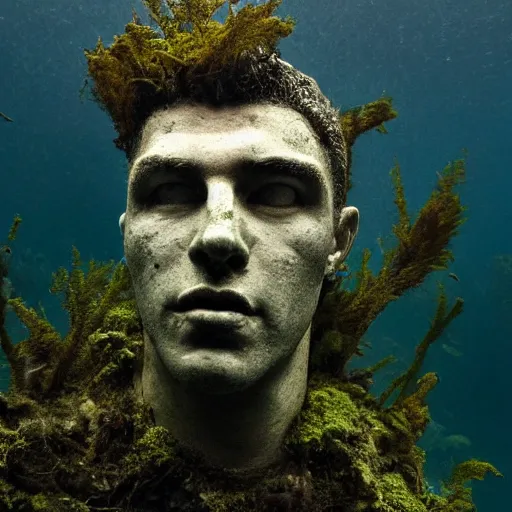 Image similar to Award-winning photograph by Mar Mann. The photo depicts a decaying roman bust of Christiano Ronaldo overgrown with moss at the bottom of the sea in the middle of ruins of civilization. Minimalism, high definition, perfect composition. Deep sea picture. Very dark. Volumetric Lighting. Fish. Darkness. Ruins