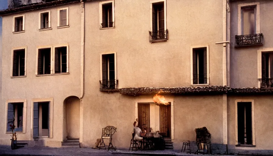 Prompt: 1 9 6 0 s movie still of a burning french style townhouse in a small french village, cinestill 8 0 0 t 3 5 mm technicolor, high quality, heavy grain, high detail, texture, dramatic light, ultra wide lens, panoramic anamorphic, hyperrealistic