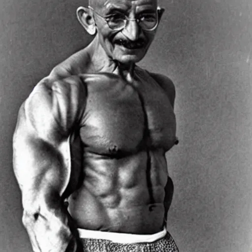 Image similar to mahatma ghandi bodybuilder, muscular, macho, photo,