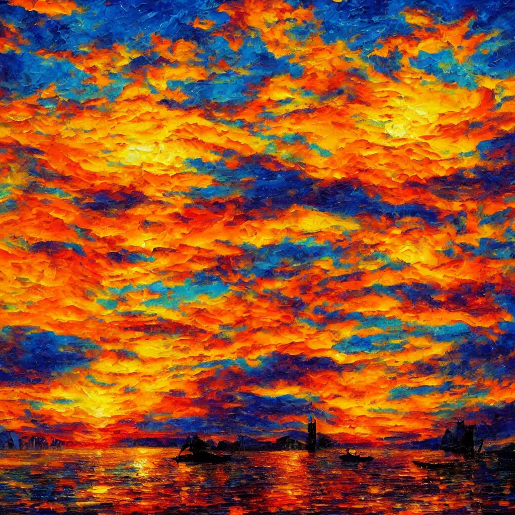 Image similar to an impasto oil painting of a stunning, colorful sunset painted by ken hong leung