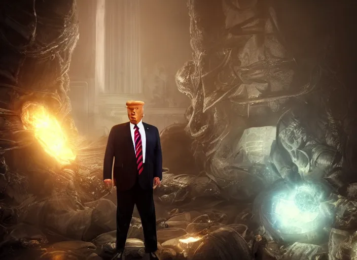 Image similar to donald trump ( focus ), eldritch, lovecraftian, octane render, volumetric lighting, ray tracing, unreal engine, style of 3 dimensional render, by andree wallin, by francois baranger