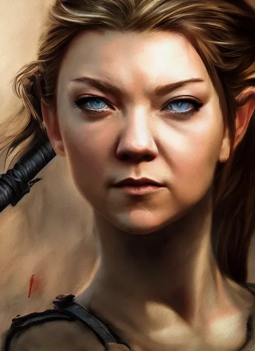 Image similar to a beautiful painting of Natalie Dormer as lara croft, detailed, trending on artstation, hd, masterpiece