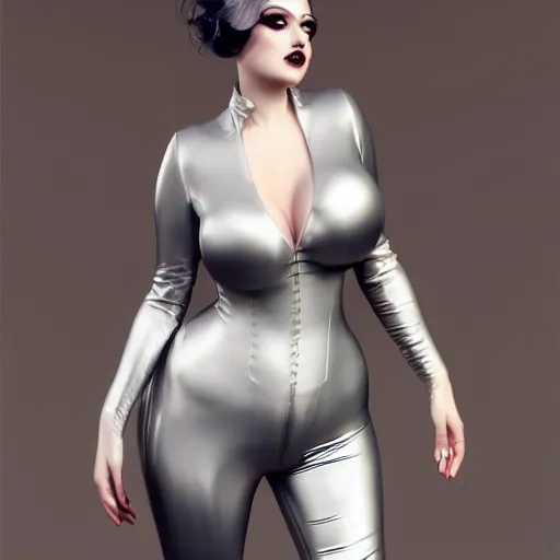 Image similar to portrait of a curvy feminine hot pale goth woman with elaborate elegant tight silver nylon latex and silk outfit, cgsociety, realistic, highly detailed, sublime, 16k, smooth, sharp focus, ArtStation, hyperdetailed, volumetric lighting