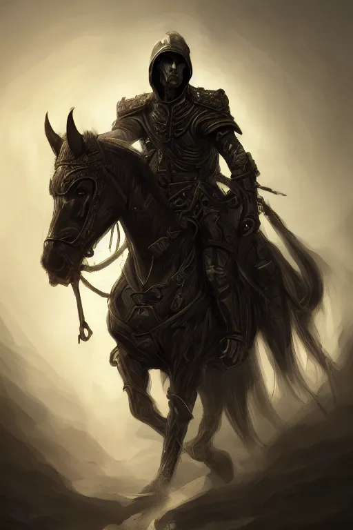 Image similar to a portrait of the horseman of the apocalypse, famine, grim - lighting, high - contrast, intricate, elegant, highly detailed, digital painting, artstation, concept art, smooth, sharp focus, illustration