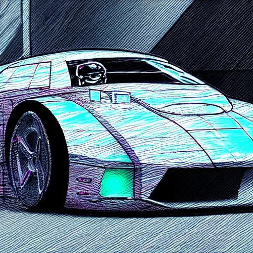 Image similar to a cyberpunk car, sketch, crayon render