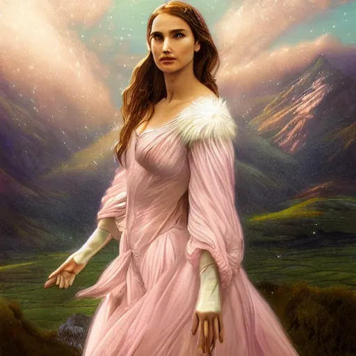 Image similar to royalty angel, big wings, argentina, natalie portman, hudson river school, max rive, full plate armor, f 1 6, bokeh, gentle, female, snowy mountain, storm clouds, god rays, close up portrait, d & d, fantasy, elegant, teal pink white gold color palette, concept art, roger deakins and greg rutkowski and alphonse mucha