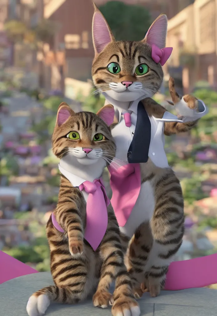 Image similar to 3d render , anthropomorphic male tabby cat,wearing a pink tux ,style of Zootopia, 8K HD Resolution, High quality image