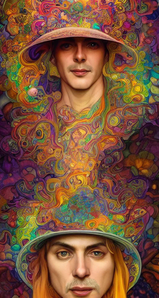 Image similar to An extremely psychedelic celestial smiling Larry Harvey white fedora hat, colorful, surreal, dramatic lighting, magic mushrooms, psilocybin, LSD, detailed, intricate, elegant, highly detailed, digital painting, artstation, concept art, smooth, sharp focus, illustration, art by Krenz Cushart and Artem Demura and alphonse mucha