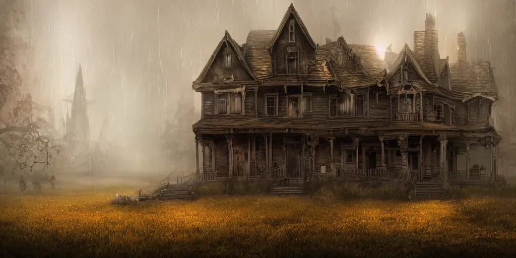 Image similar to creepy view of haunted house with many attractions, fog, rain, volumetric lighting, beautiful, golden hour, sharp focus, highly detailed, cgsociety