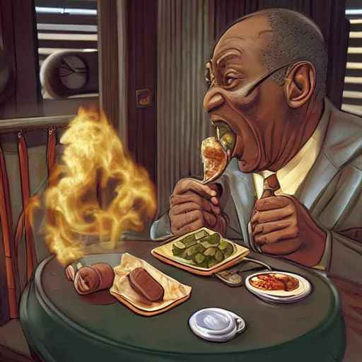 Image similar to bill cosby eating sausages, rapture, bioshock, photorealistic, 4 k, ultra realistic. isometric