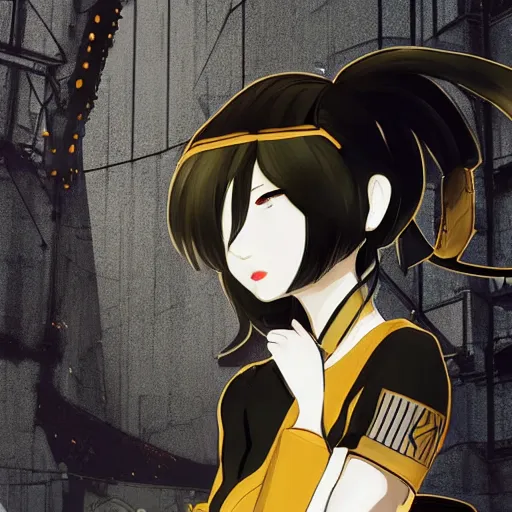 Image similar to luxury advertisement, black and golden colors. highly detailed post-cyberpunk sci-fi close-up schoolgirl in asian city in style of cytus and deemo, mysterious vibes, by Ilya Kuvshinov, by Greg Tocchini, nier:automata, set in half-life 2, beautiful with eerie vibes, very inspirational, very stylish, surrealistic, perfect digital art, mystical journey in strange world, bastion game